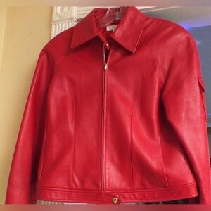 St. John Sport Genuine Leather Red Moto Jacket Women Sz XL